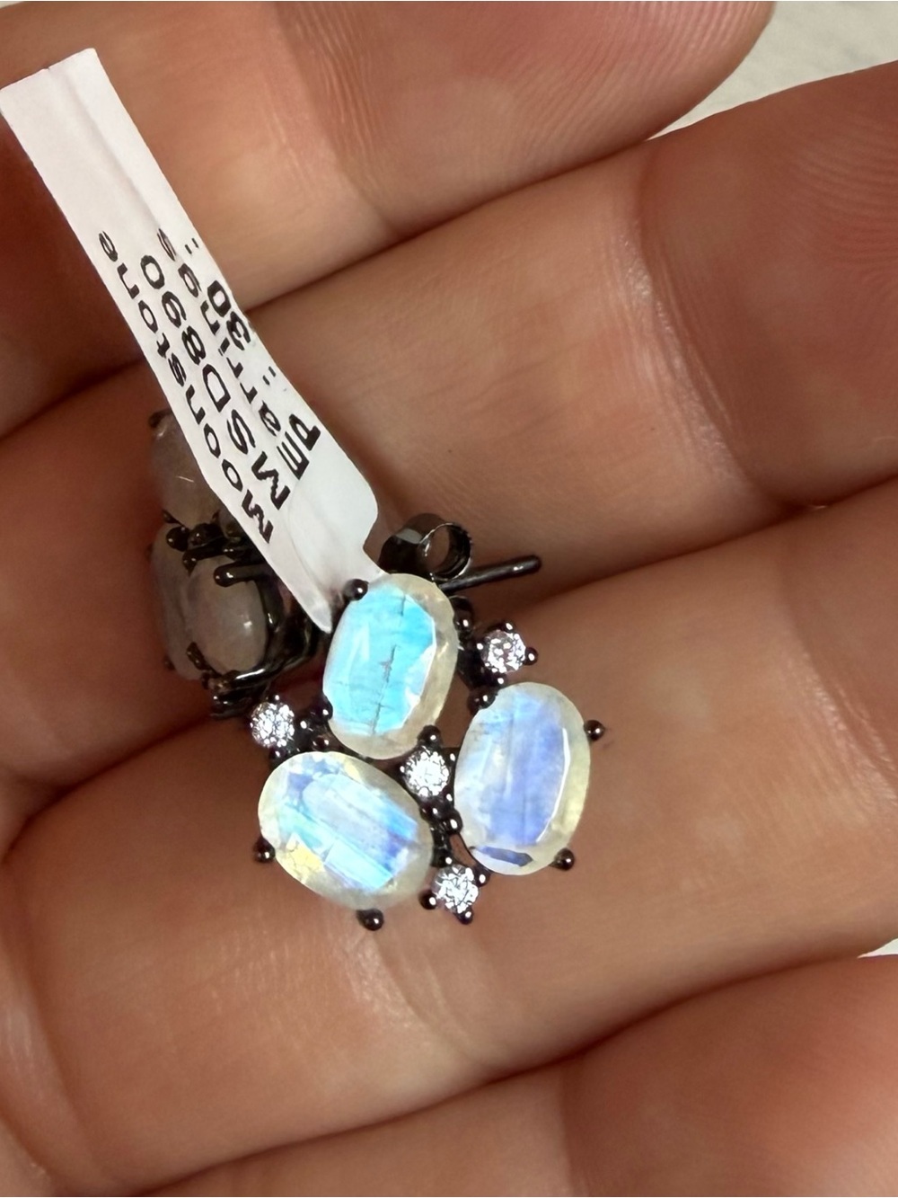 Moonstone and White Topaz Cluster Stud Earrings - Blue Flash